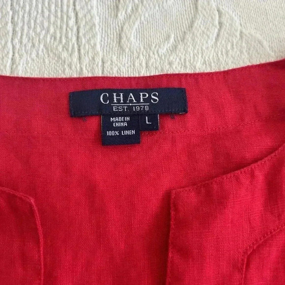 CHAPS BRIGHT RED SPLIT NECK SHIRT 100% LINEN TUNIC PULLOVER SZ Large TOP BLOUSE - Picture 7 of 11